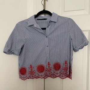 Zara pinstripe embroidered short sleeve button down.
